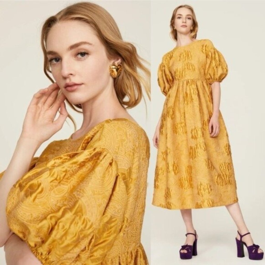 Rhode Ruth Jacquard Puff Sleeve Midi Dress M Flax Yellow Oversized